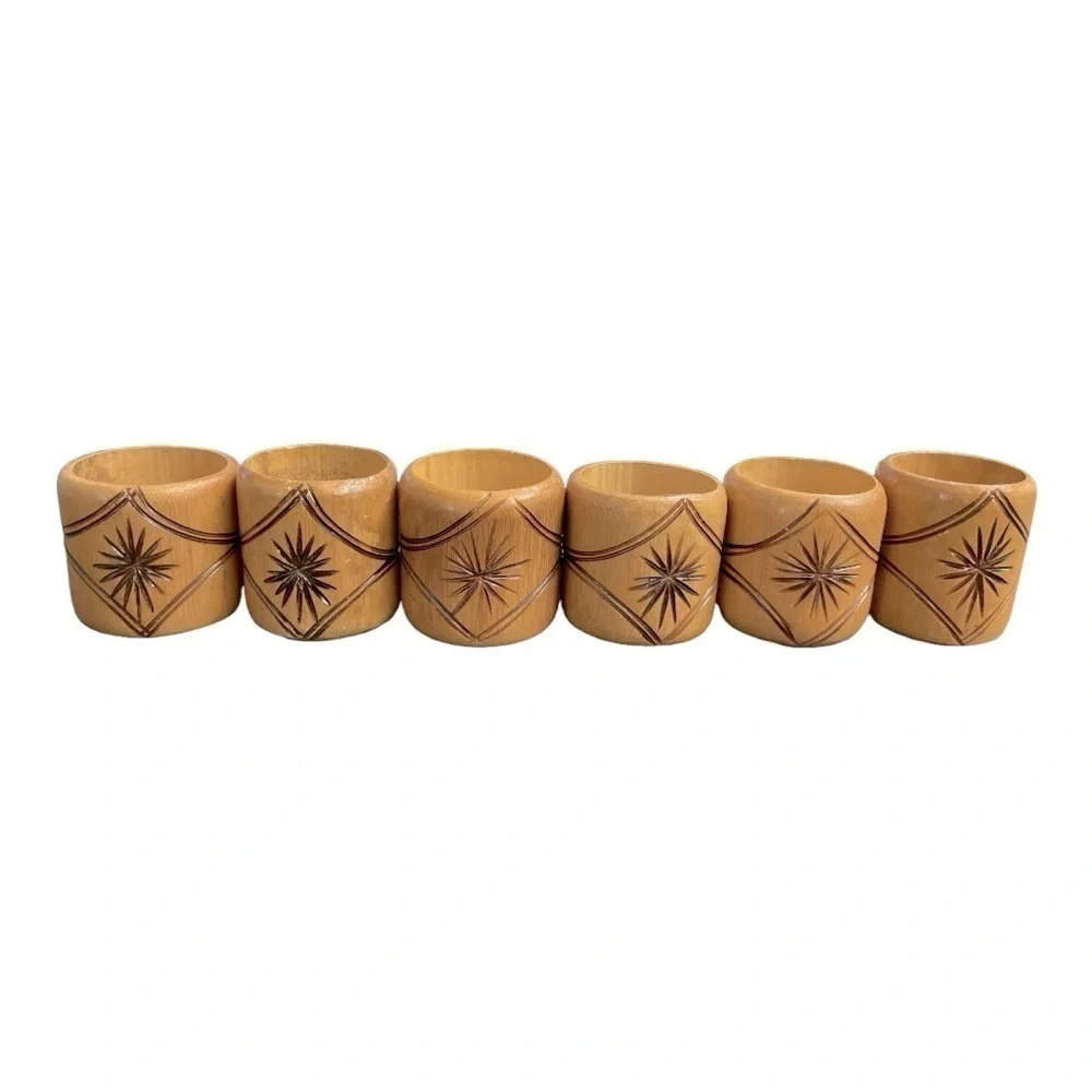 Bamboo Wood Set Of 6 Napkins Rings Hand Carved Design